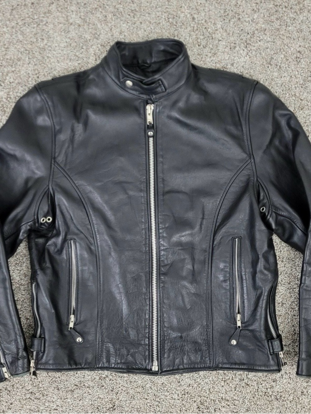 Classic Black Leather Zip-Front Motorcycle Jacket